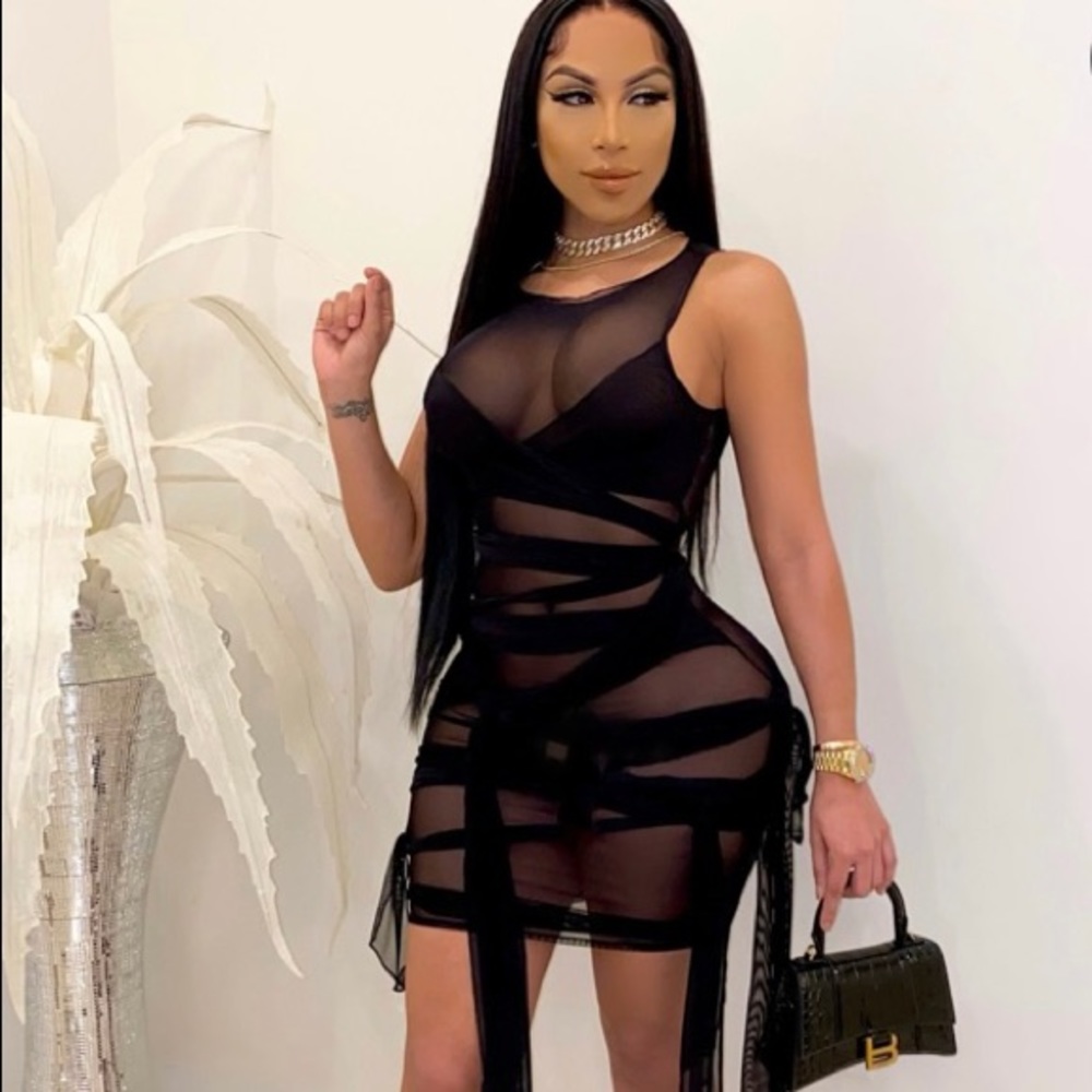 Two bodycon mini sheer mesh see through dresses